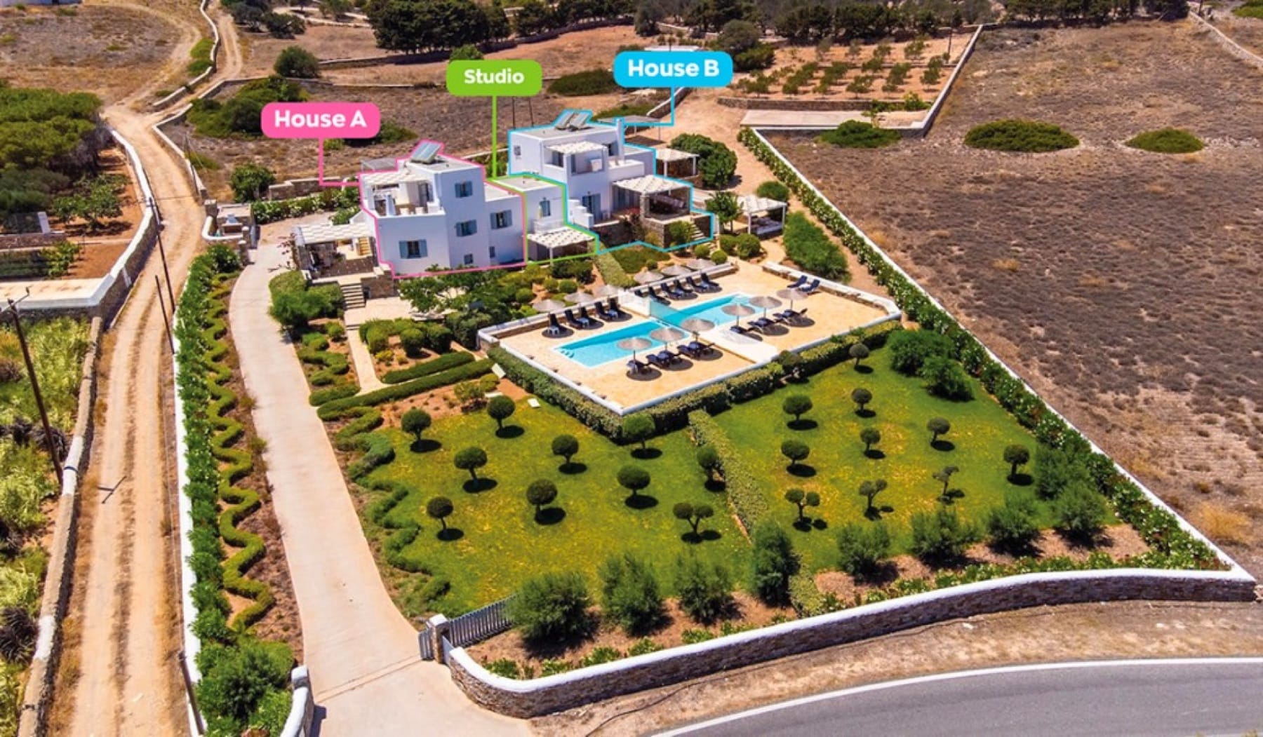 Aerial overview of the estate showing Villa A, the studio, and Villa B