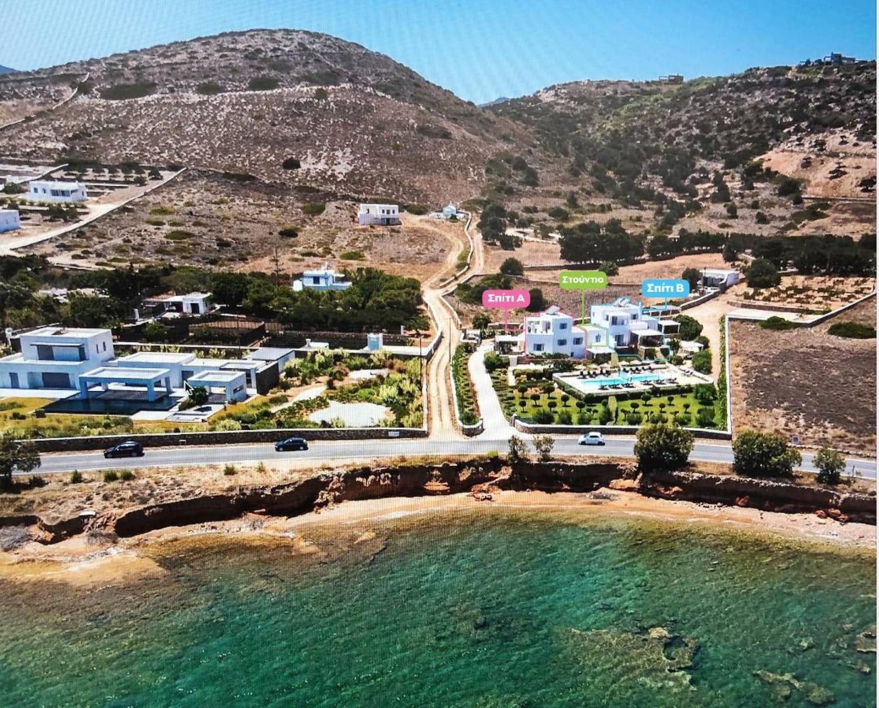 Seafront aerial view of Villa Afroditi with Antiparos bay in front